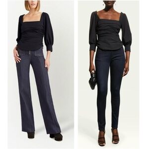 Cinq A Sept Karol Square-Neck Ruched 3/4” Puff Sleeve Crepe Top Blouse Medium